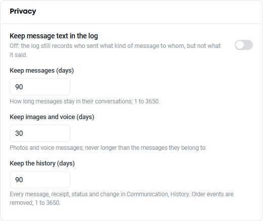 Communication settings for a warehouse: how long messages, images and voice, and the history are kept, and whether message text is logged